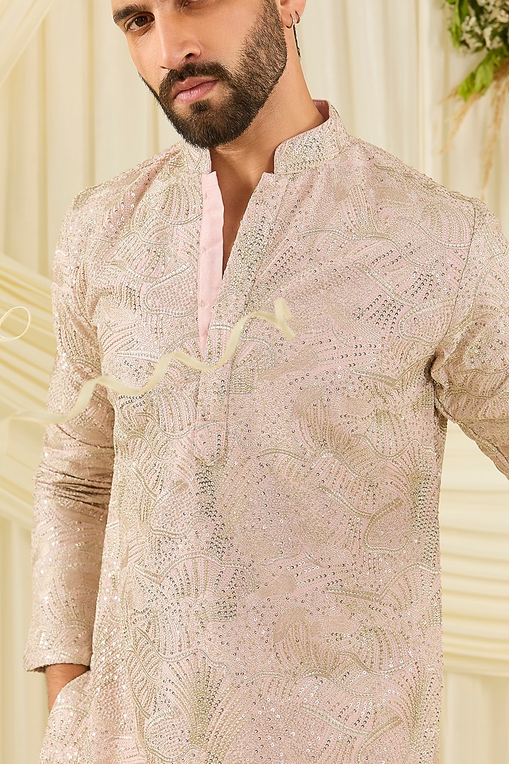 Powder Pink Silk Embellished Short Kurta by Kasbah Clothing at Pernia's Pop Up Shop