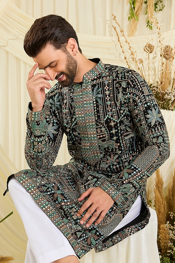 Black Georgette Embroidered Kurta by Kasbah Clothing at Pernia's Pop Up Shop