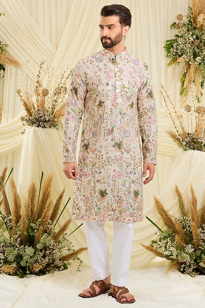 Ivory Georgette Thread Embroidered Kurta by Kasbah Clothing at Pernia's Pop Up Shop