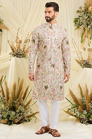Ivory Georgette Thread Embroidered Kurta by Kasbah Clothing