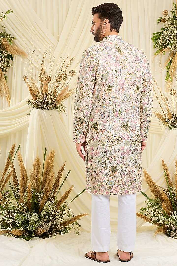 Ivory Georgette Thread Embroidered Kurta by Kasbah Clothing at Pernia's Pop Up Shop