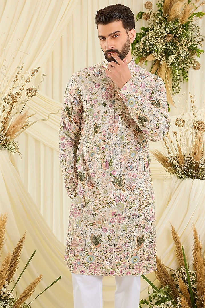 Ivory Georgette Thread Embroidered Kurta by Kasbah Clothing at Pernia's Pop Up Shop