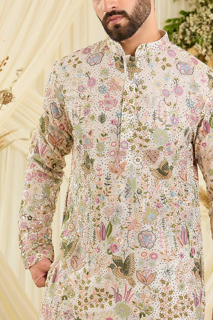 Ivory Georgette Thread Embroidered Kurta by Kasbah Clothing at Pernia's Pop Up Shop
