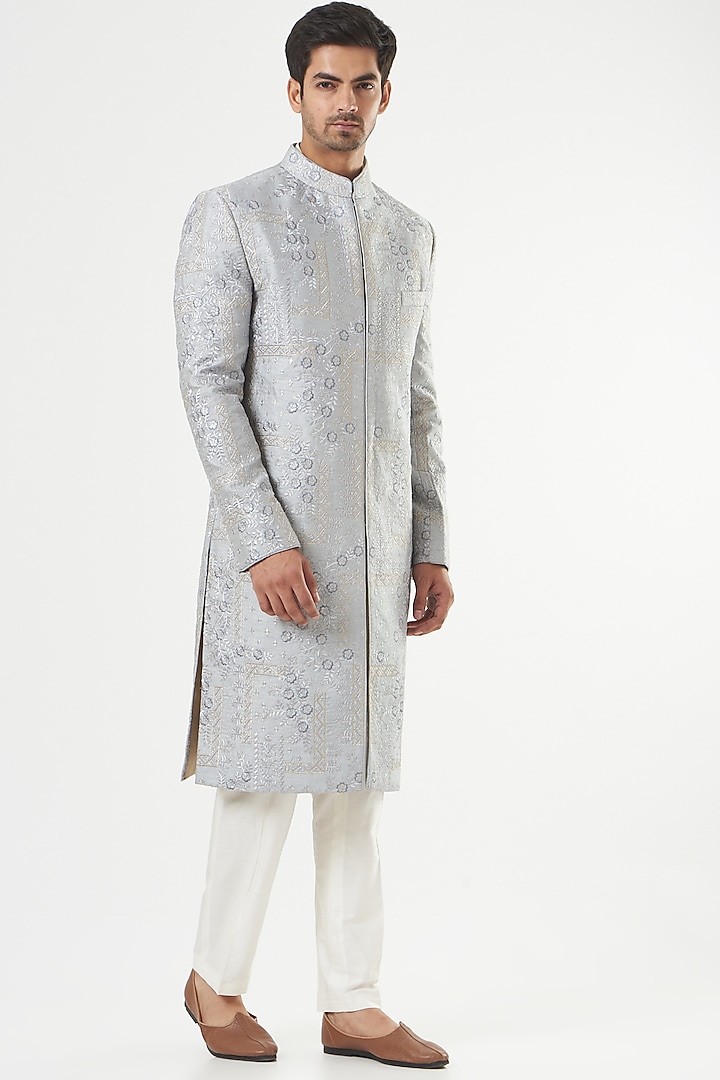 Royal Ice Blue Embroidered Sherwani by Kasbah Clothing