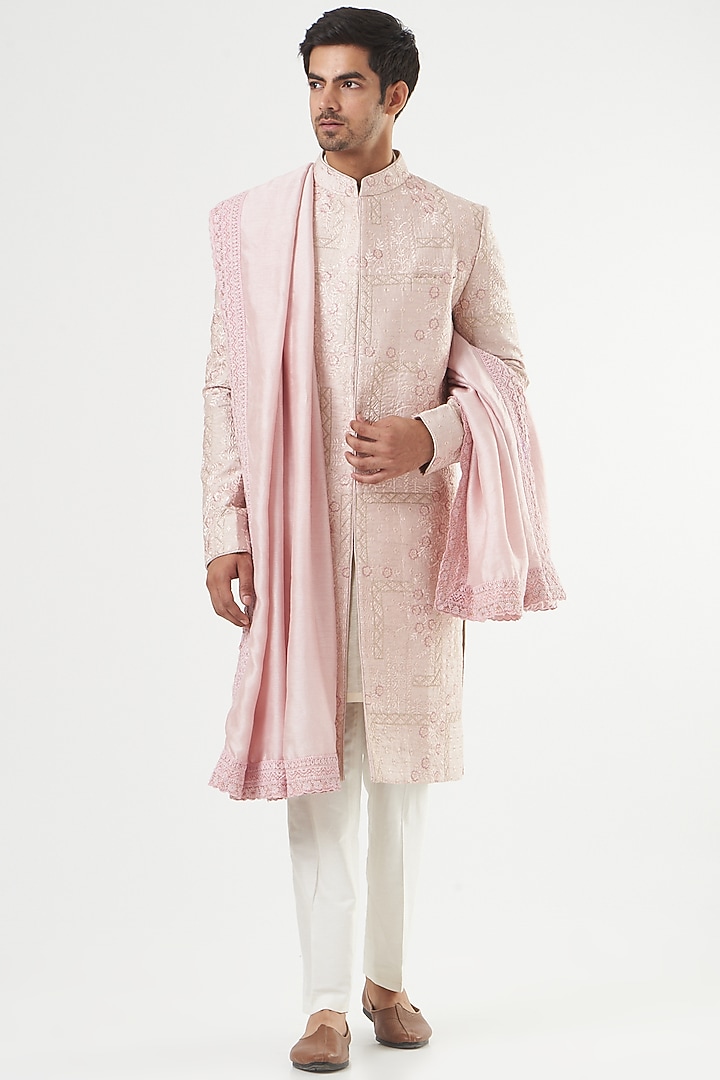 Blush Pink Embroidered Wedding Sherwani Set by Kasbah Clothing at Pernia's Pop Up Shop
