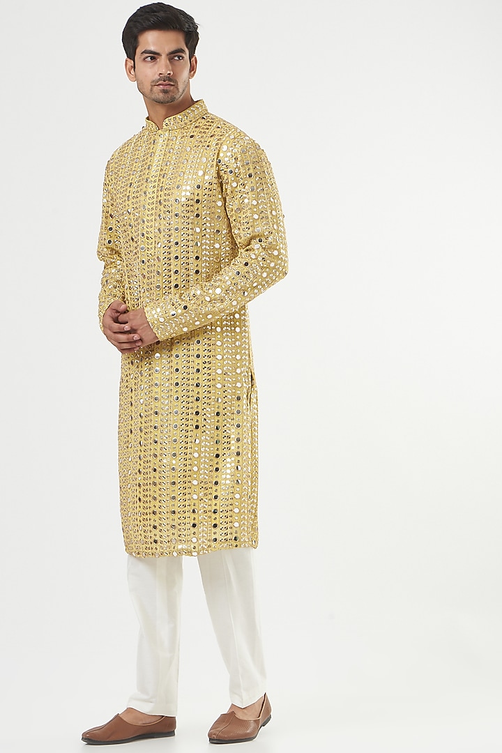 Lime Yellow Georgette Mirror Embroidered Kurta by Kasbah Clothing at Pernia's Pop Up Shop