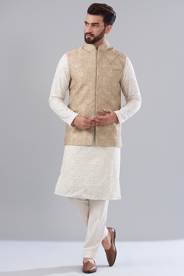 Bronze Silk Embroidered Nehru Jacket by Kasbah Clothing at Pernia's Pop Up Shop