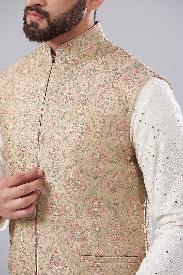 Bronze Silk Embroidered Nehru Jacket by Kasbah Clothing at Pernia's Pop Up Shop