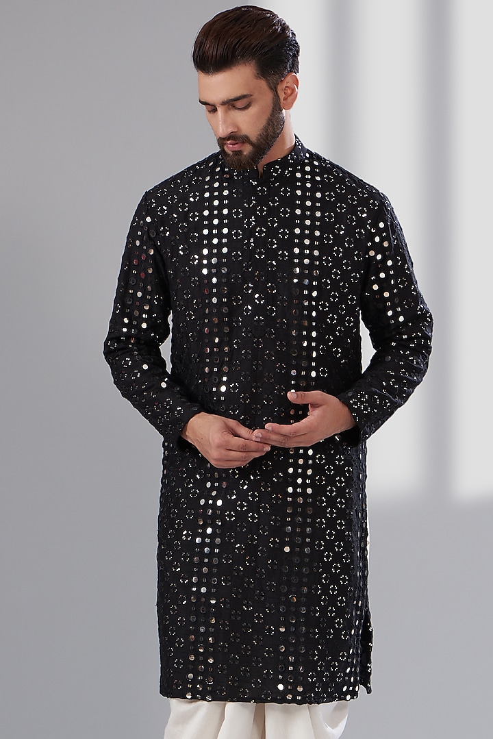 Black Silk Mirror Embroidered Kurta by Kasbah Clothing at Pernia's Pop Up Shop