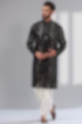Black Silk Mirror Embroidered Kurta by Kasbah Clothing