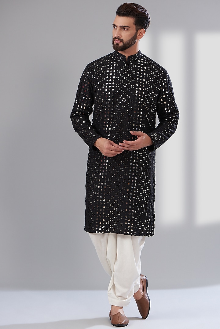 Black Silk Mirror Embroidered Kurta by Kasbah Clothing