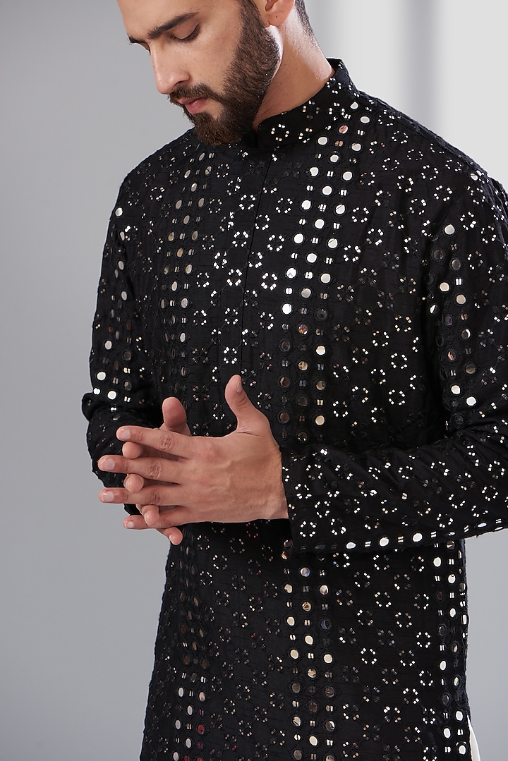 Black Silk Mirror Embroidered Kurta by Kasbah Clothing at Pernia's Pop Up Shop