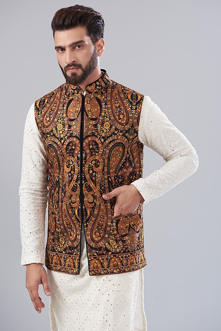Black Georgette Embroidered Nehru Jacket by Kasbah Clothing at Pernia's Pop Up Shop