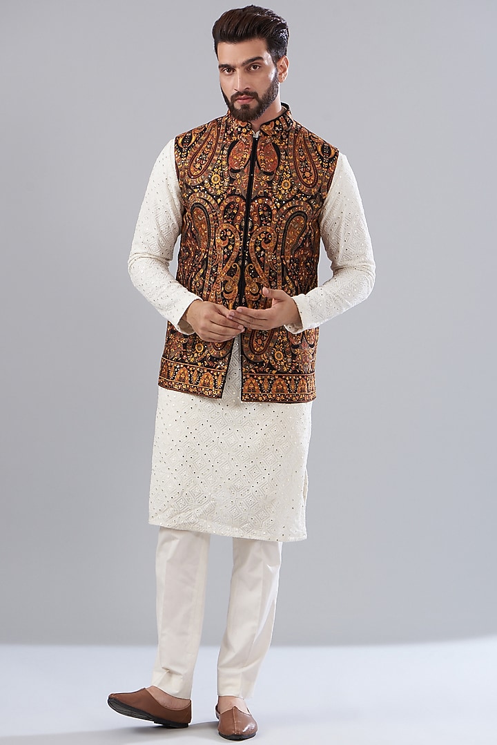 Black Georgette Embroidered Nehru Jacket by Kasbah Clothing at Pernia's Pop Up Shop