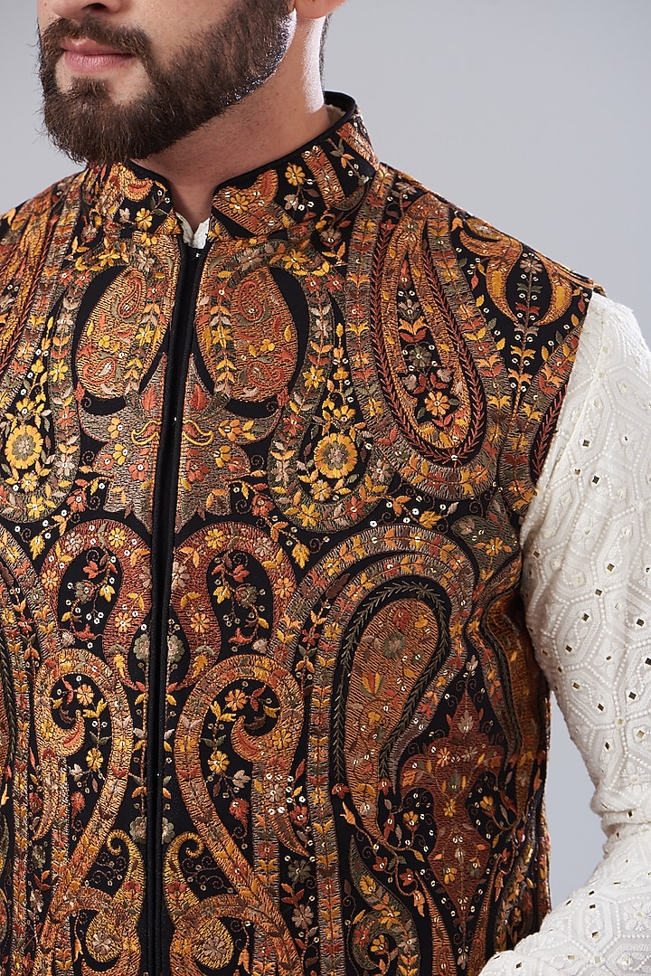 Black Georgette Embroidered Nehru Jacket by Kasbah Clothing at Pernia's Pop Up Shop