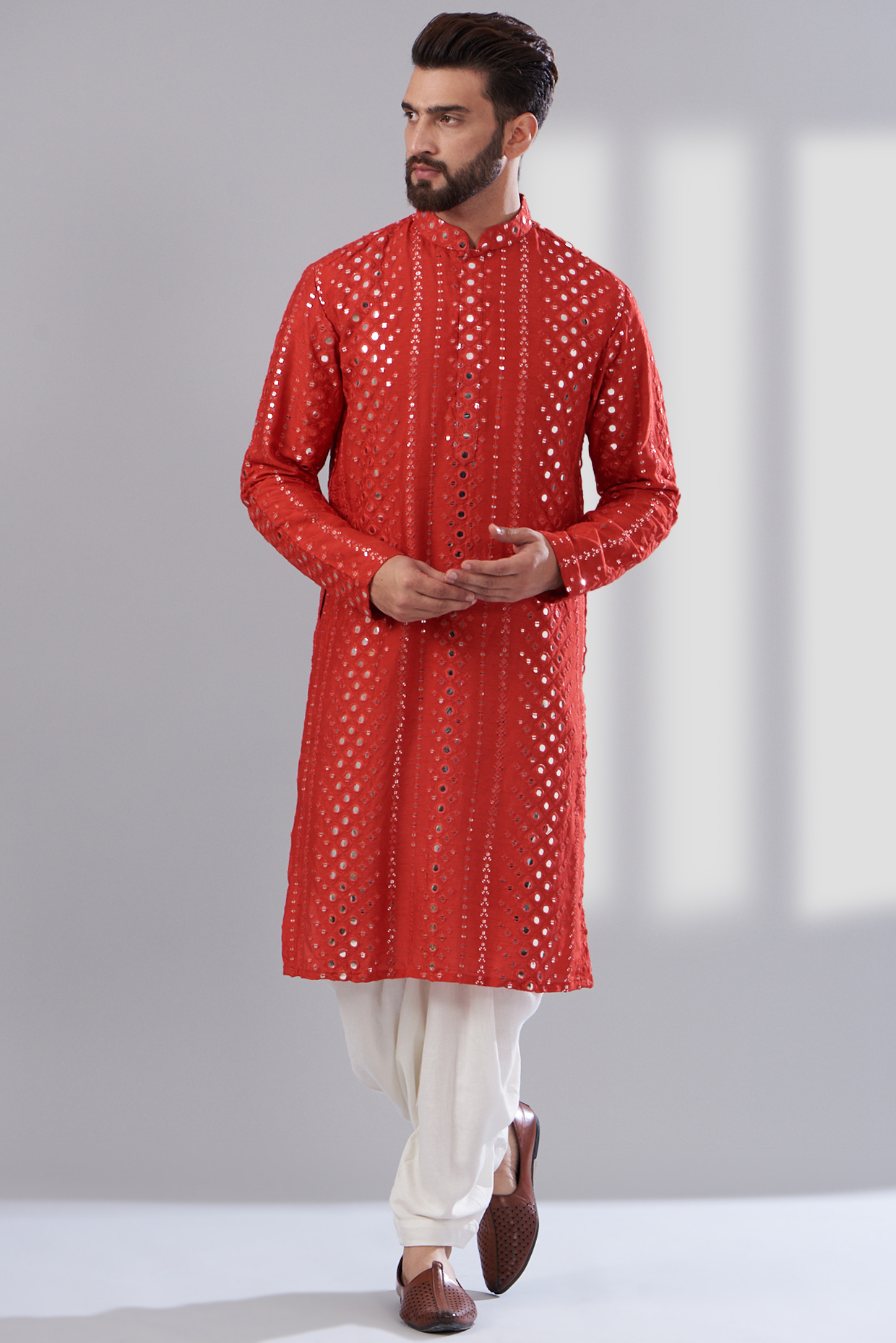 Red Silk Embroidered Kurta by Kasbah Clothing