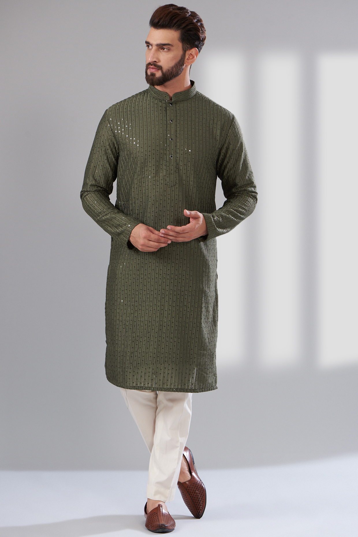 Mehendi Green Georgette Embroidered Kurta by Kasbah Clothing