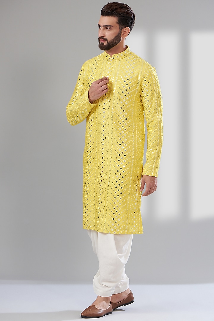 Yellow Silk Embroidered Kurta by Kasbah Clothing