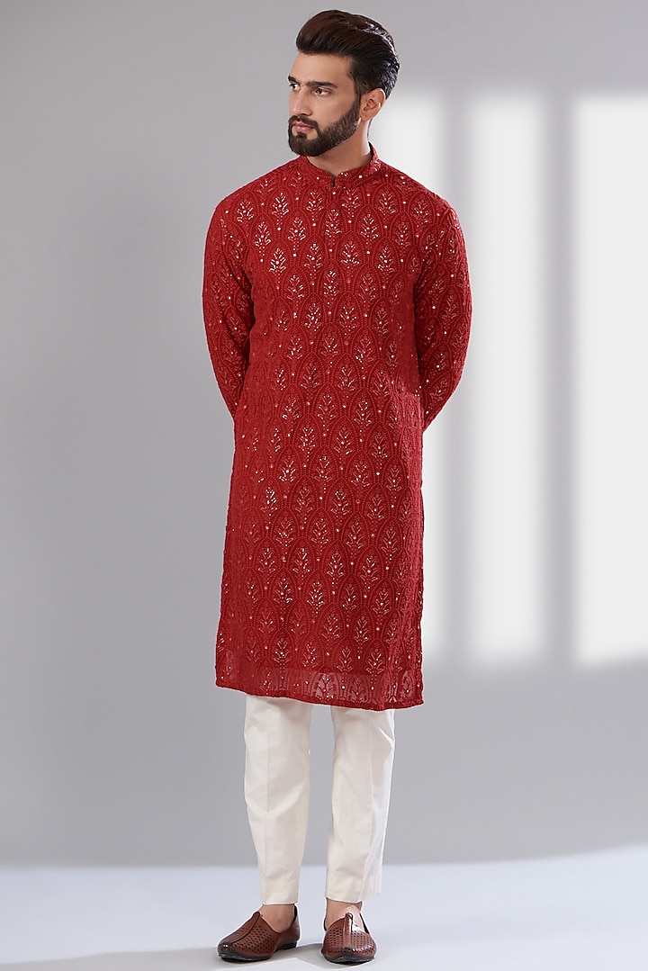 Red Georgette Chikankari Thread Embroidered Kurta by Kasbah Clothing