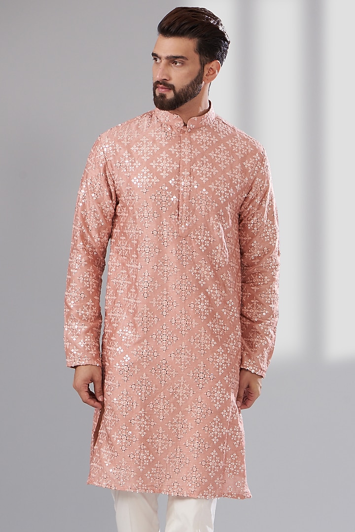 Peach Silk Mirror Embroidered Kurta by Kasbah Clothing at Pernia's Pop Up Shop