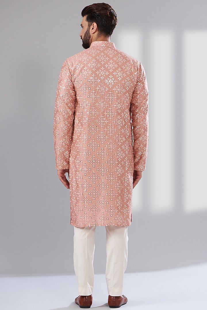 Peach Silk Mirror Embroidered Kurta by Kasbah Clothing at Pernia's Pop Up Shop