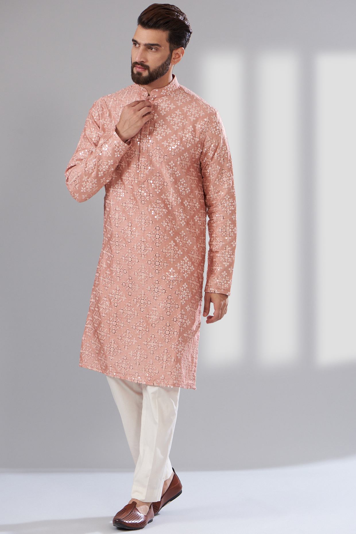 Peach Silk Mirror Embroidered Kurta by Kasbah Clothing