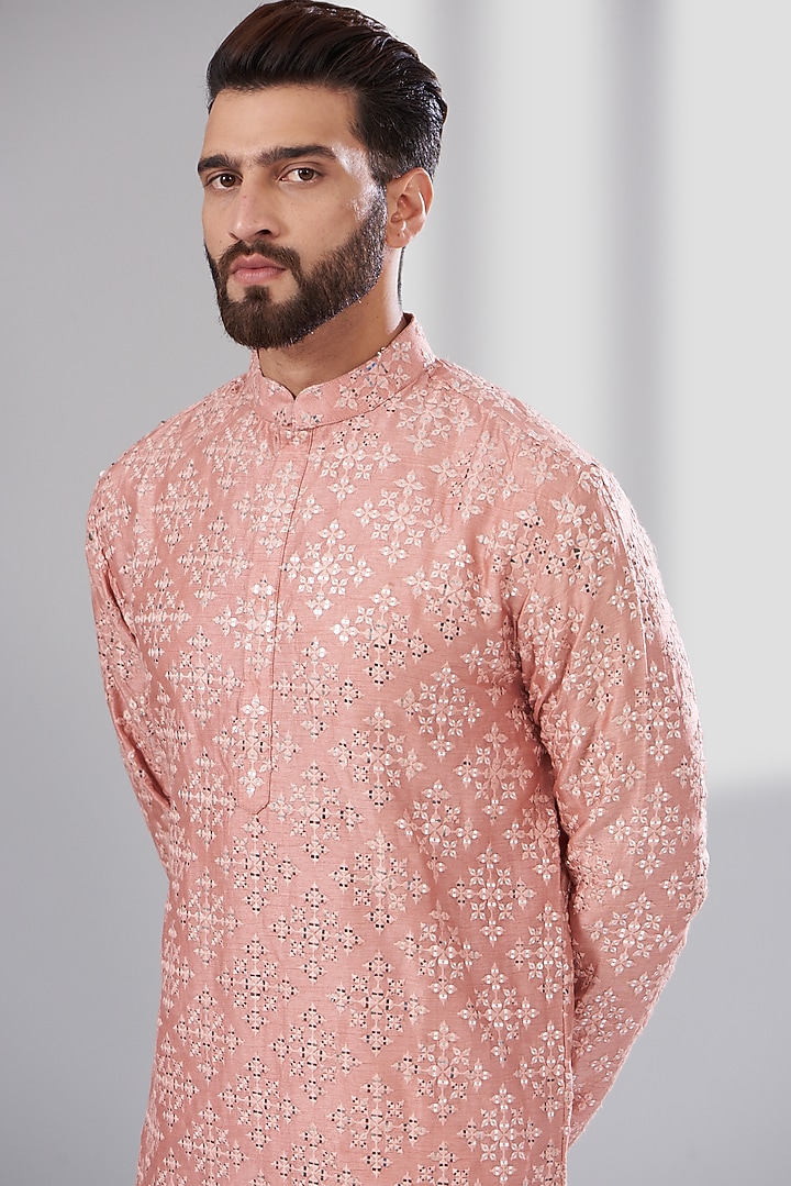 Peach Silk Mirror Embroidered Kurta by Kasbah Clothing at Pernia's Pop Up Shop