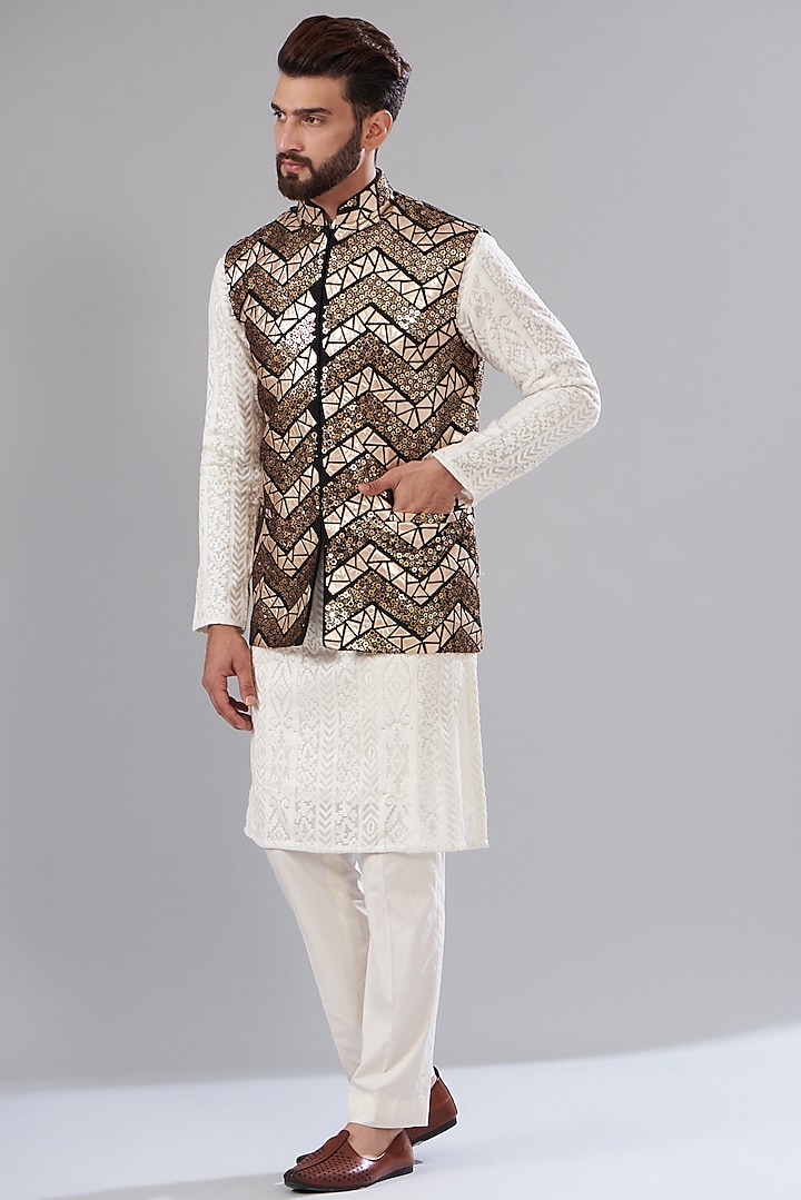 Gold & Black Georgette Embroidered Nehru Jacket by Kasbah Clothing