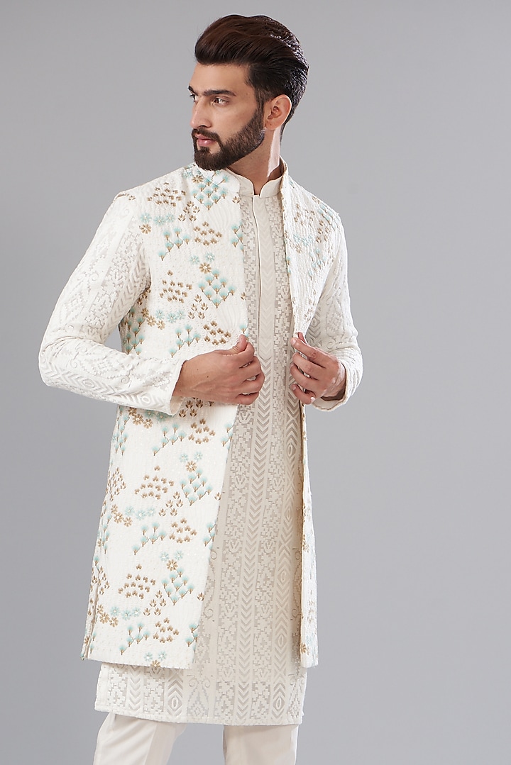 Ivory Silk Embroidered Indowestern Jacket by Kasbah Clothing