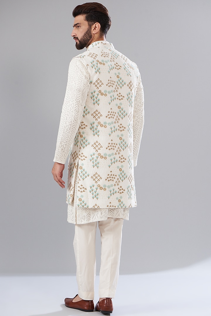Ivory Silk Embroidered Indowestern Jacket by Kasbah Clothing at Pernia's Pop Up Shop