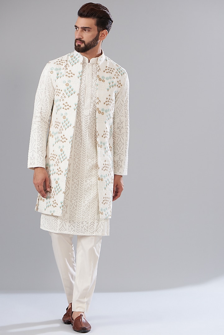 Ivory Silk Embroidered Indowestern Jacket by Kasbah Clothing