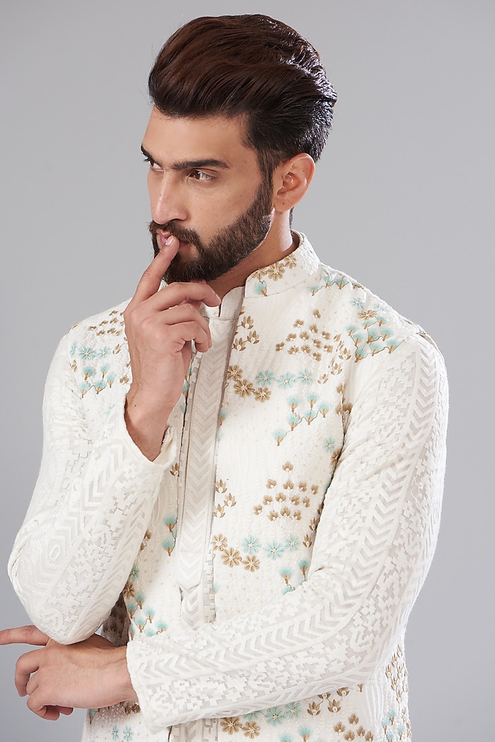 Ivory Silk Embroidered Indowestern Jacket by Kasbah Clothing at Pernia's Pop Up Shop
