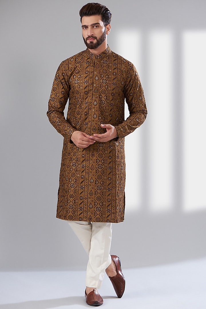 Brown Silk Floral Embroidered Kurta by Kasbah Clothing at Pernia's Pop Up Shop