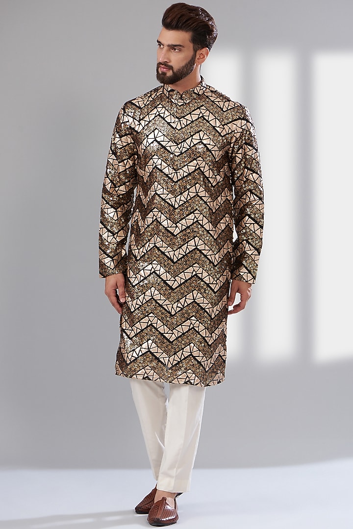 Gold & Black Georgette Sequins Embroidered Kurta by Kasbah Clothing at Pernia's Pop Up Shop
