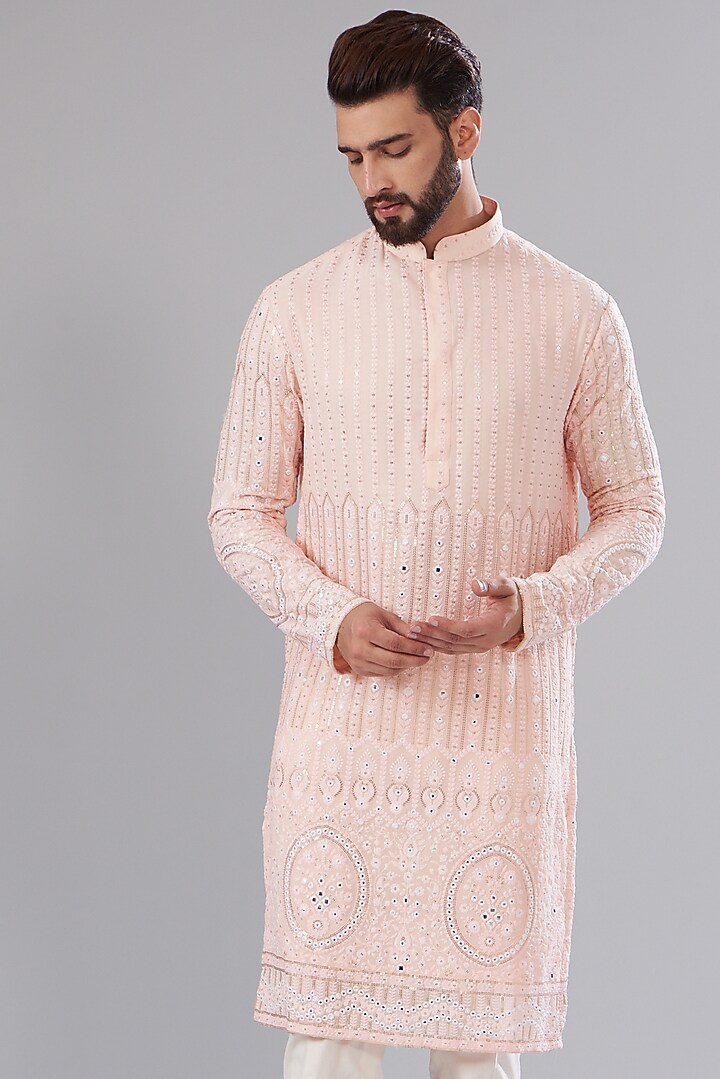 Powder Pink Georgette Chikankari Embroidered Kurta by Kasbah Clothing at Pernia's Pop Up Shop