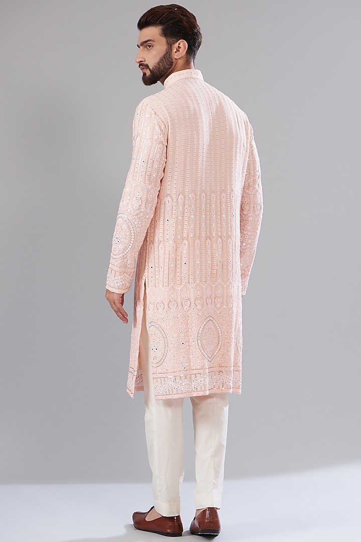 Powder Pink Georgette Chikankari Embroidered Kurta by Kasbah Clothing at Pernia's Pop Up Shop