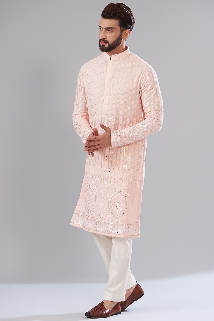 Powder Pink Georgette Chikankari Embroidered Kurta by Kasbah Clothing at Pernia's Pop Up Shop