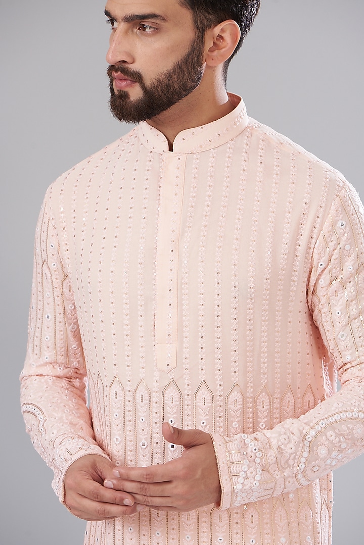 Powder Pink Georgette Chikankari Embroidered Kurta by Kasbah Clothing at Pernia's Pop Up Shop