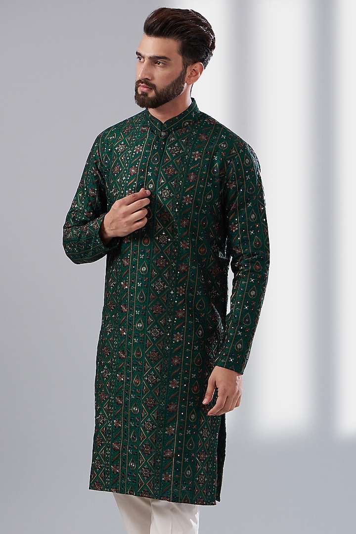 Bottle Green Silk Embroidered Kurta by Kasbah Clothing