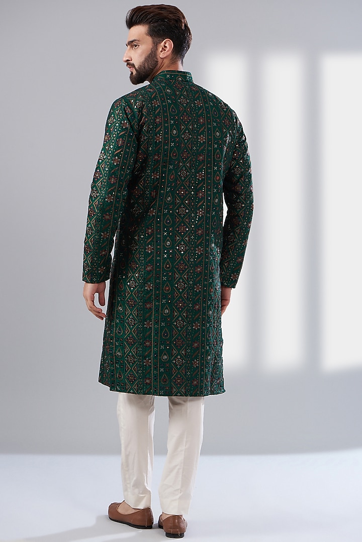 Bottle Green Silk Embroidered Kurta by Kasbah Clothing at Pernia's Pop Up Shop