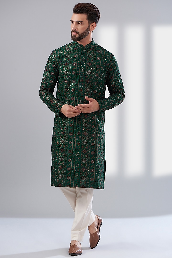 Bottle Green Silk Embroidered Kurta by Kasbah Clothing at Pernia's Pop Up Shop