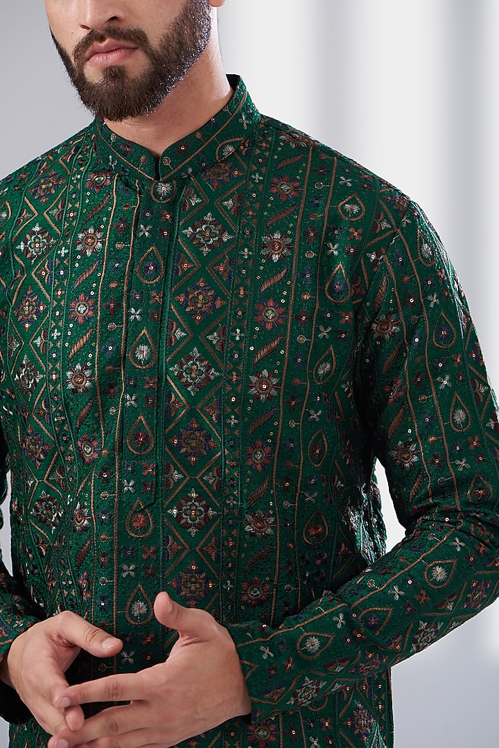 Bottle Green Silk Embroidered Kurta by Kasbah Clothing at Pernia's Pop Up Shop