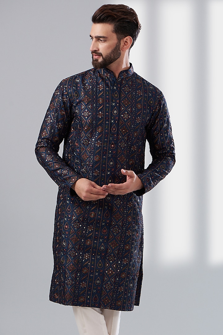 Navy Blue Silk Embroidered Kurta by Kasbah Clothing