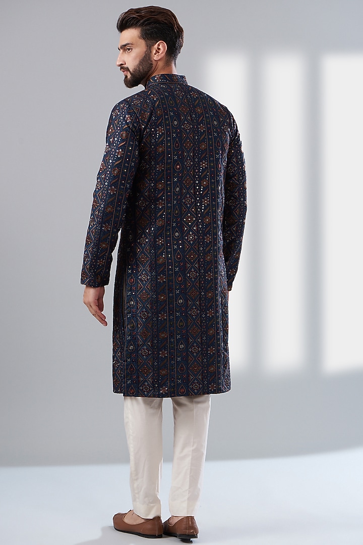 Navy Blue Silk Thread Embroidered Kurta by Kasbah Clothing at Pernia's Pop Up Shop