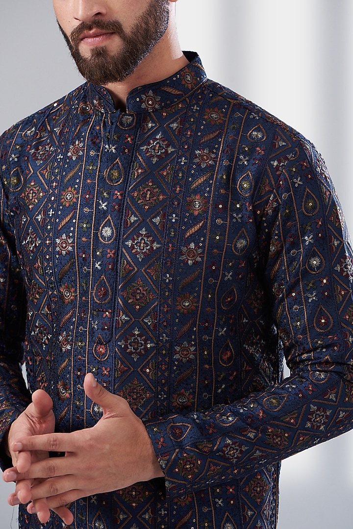 Navy Blue Silk Thread Embroidered Kurta by Kasbah Clothing at Pernia's Pop Up Shop