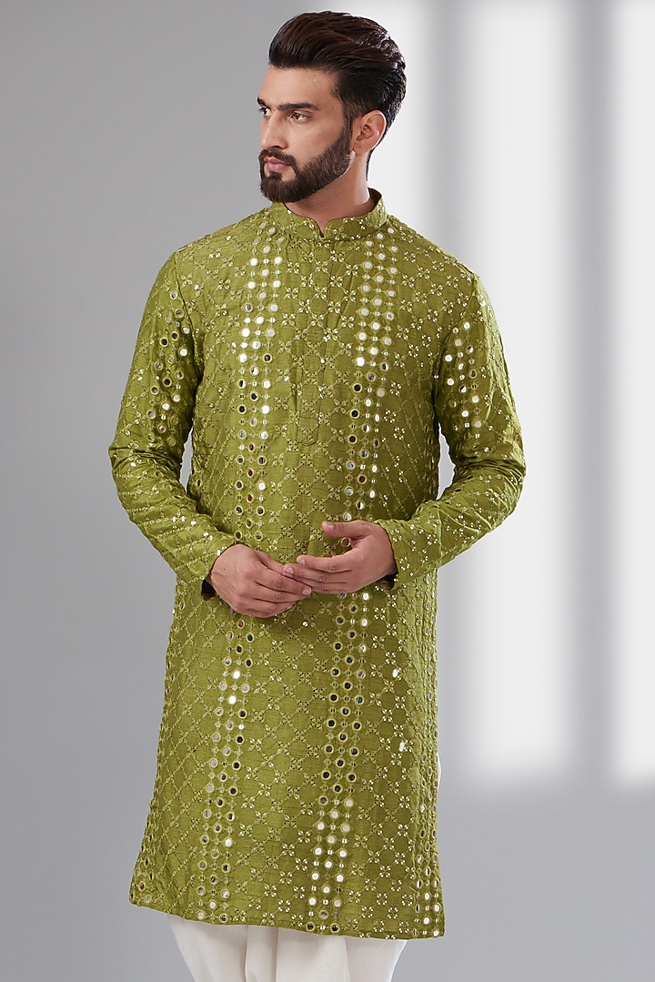 Mehendi Green Silk Mirror Embroidered Kurta by Kasbah Clothing at Pernia's Pop Up Shop