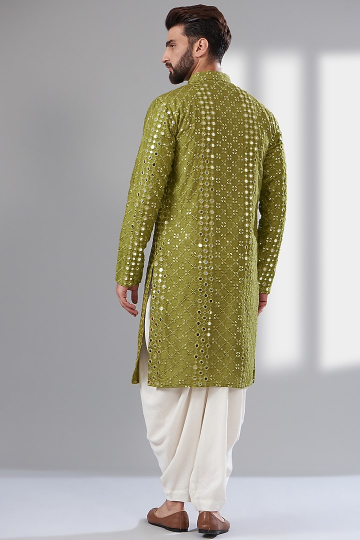 Mehendi Green Silk Mirror Embroidered Kurta by Kasbah Clothing at Pernia's Pop Up Shop