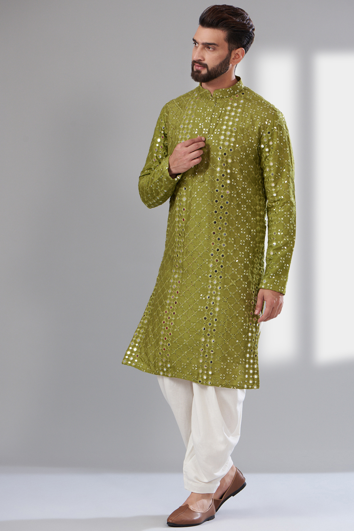 Mehendi Green Silk Mirror Embroidered Kurta by Kasbah Clothing