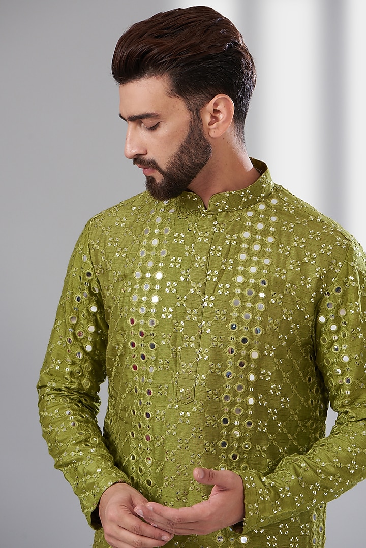 Mehendi Green Silk Mirror Embroidered Kurta by Kasbah Clothing at Pernia's Pop Up Shop