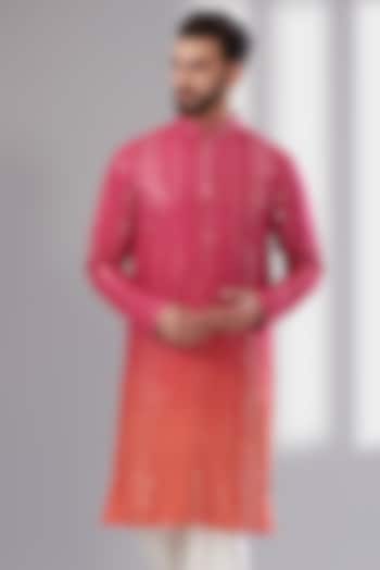 Hot Pink Silk Mirror Embroidered Ombre Kurta by Kasbah Clothing